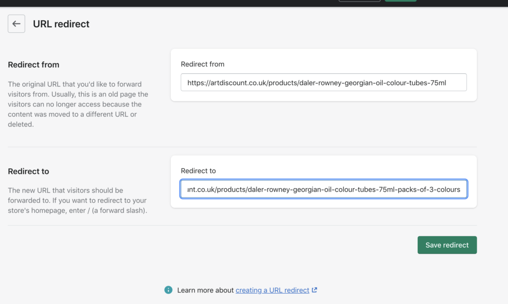 add redirect to and redirect from in Shopify